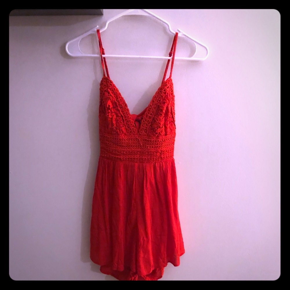 Red lace top romper
